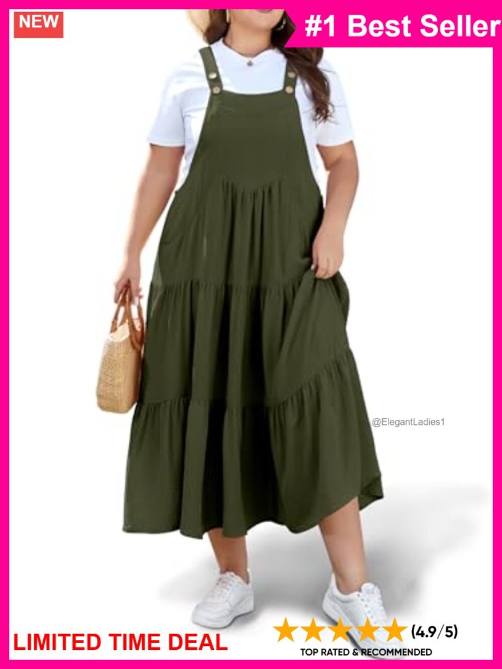 Plus Size Maxi Overall Dress Tiered Jumper Pockets Adjustable Straps
